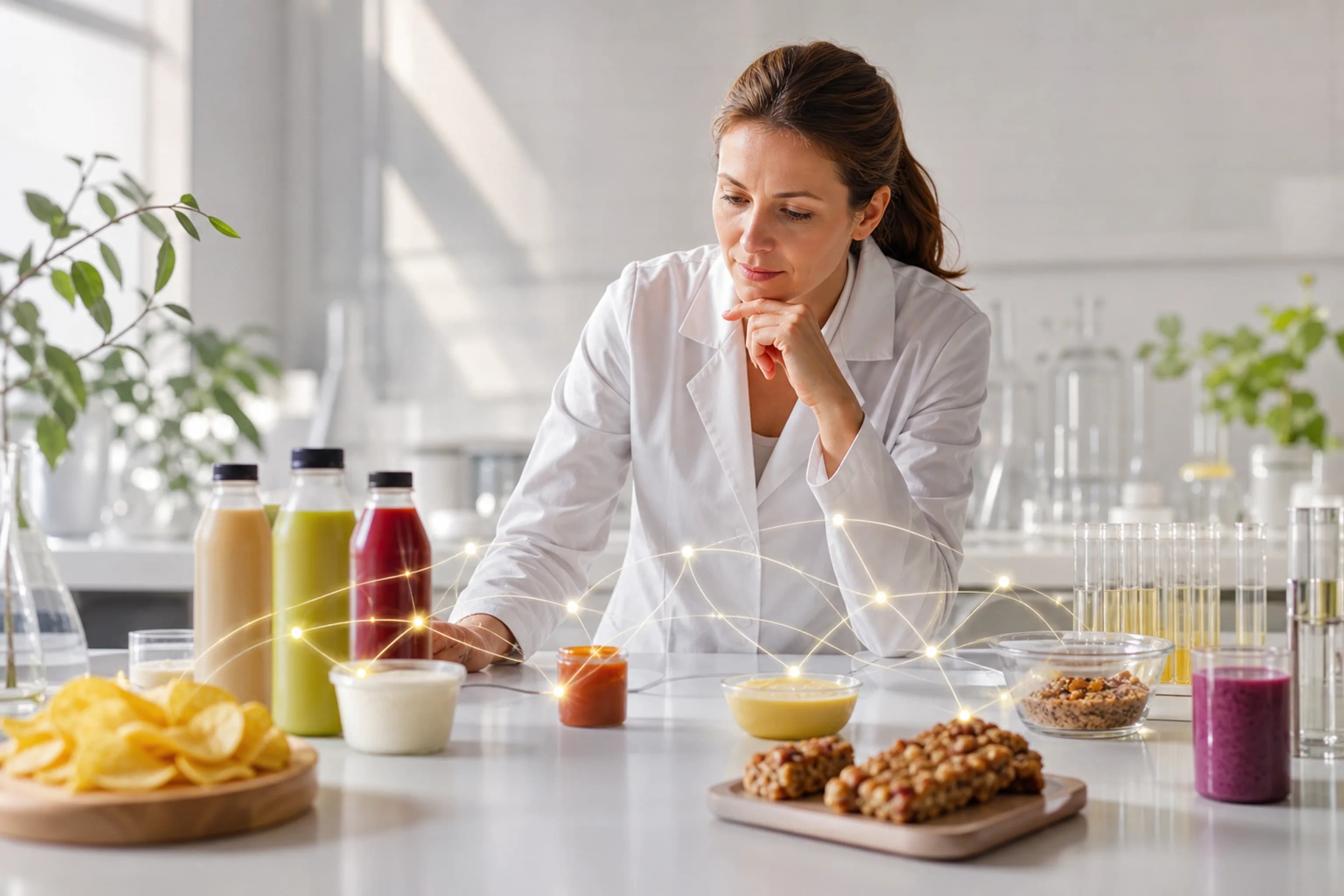 A food scientist evaluating product samples across categories, with a subtle layer of intelligence connecting them.