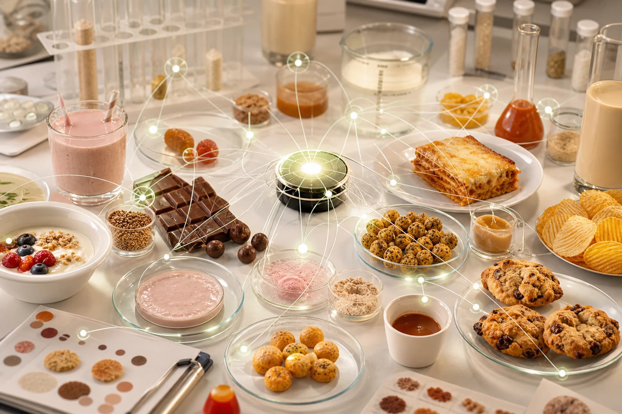 Diverse food product samples and R&D artifacts connected by a delicate web of light — formulas, experiments, and research converging into food intelligence.