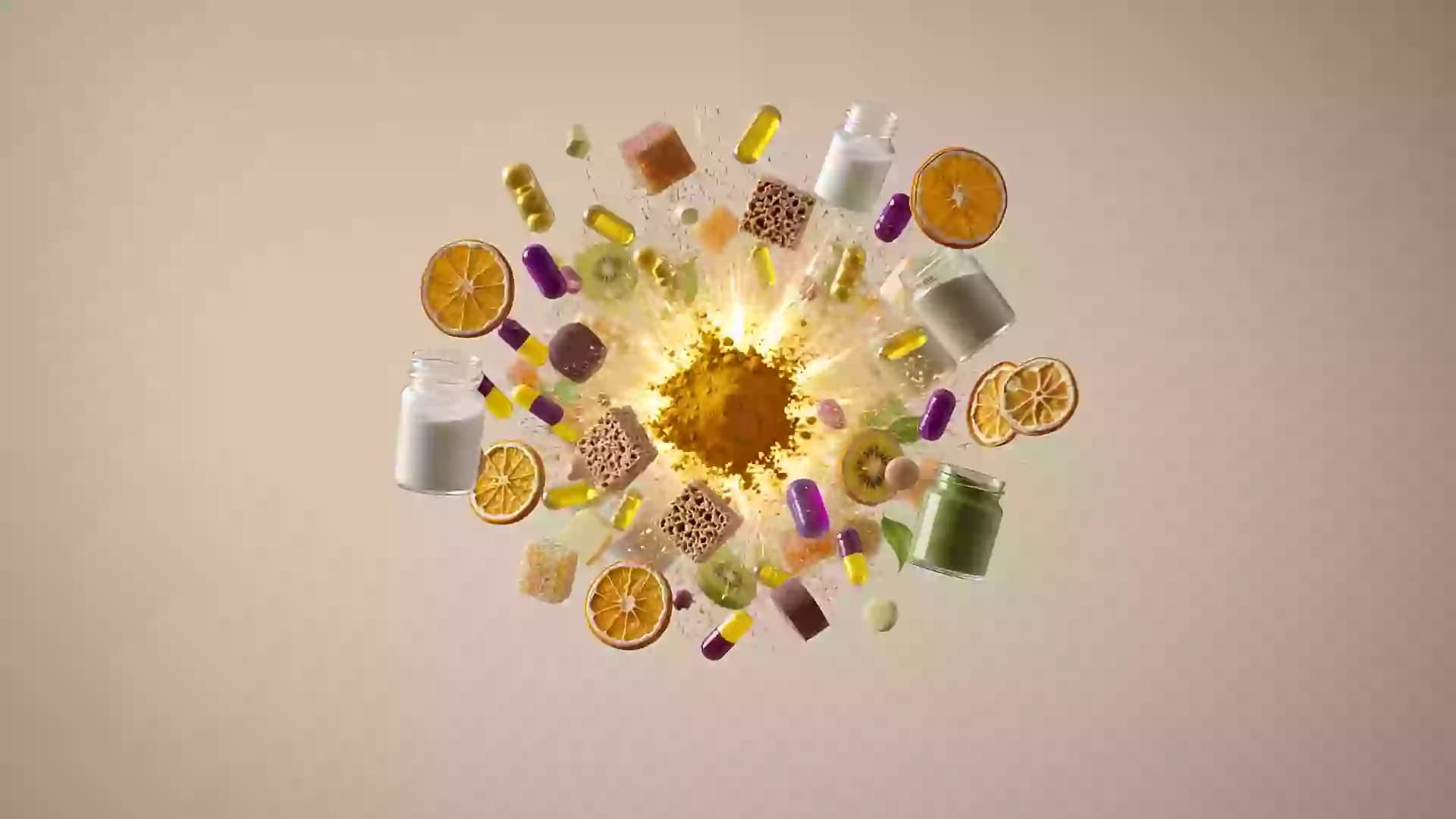 Fragments of formulas, experiments, and product launches converging into a luminous core — the intelligence created from a food company's innovation knowledge.
