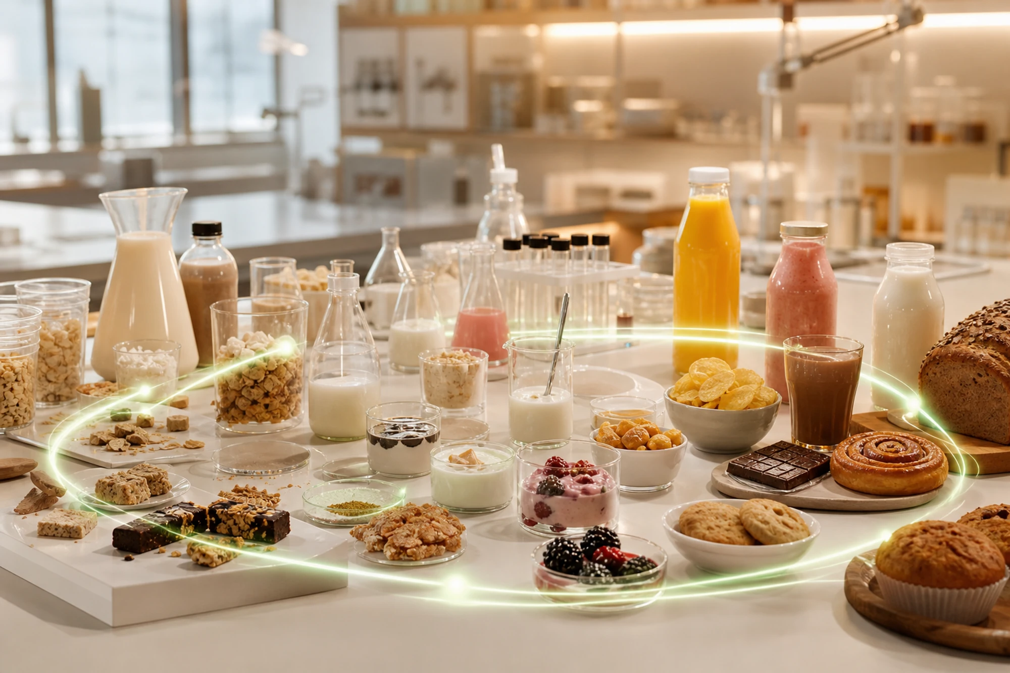 Food product development from early prototypes through testing to finished consumer products, connected in a continuous loop of learning.